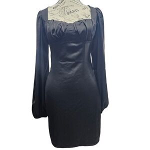 Black Satin Square Neck Long Sleeve Bodycon Mini Dress